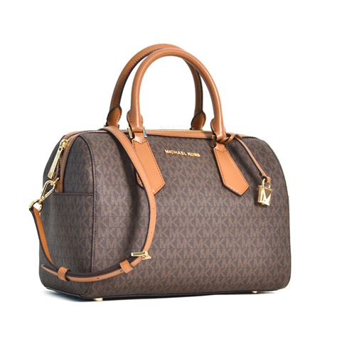 michael kors hayes large duffle satchel bag brown mk signat|Michael Kors brown luggage.